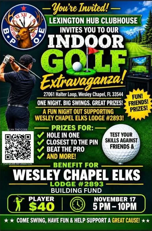 The flyer for the Indoor Golf Extravaganza at the Lexington Hub Clubhouse