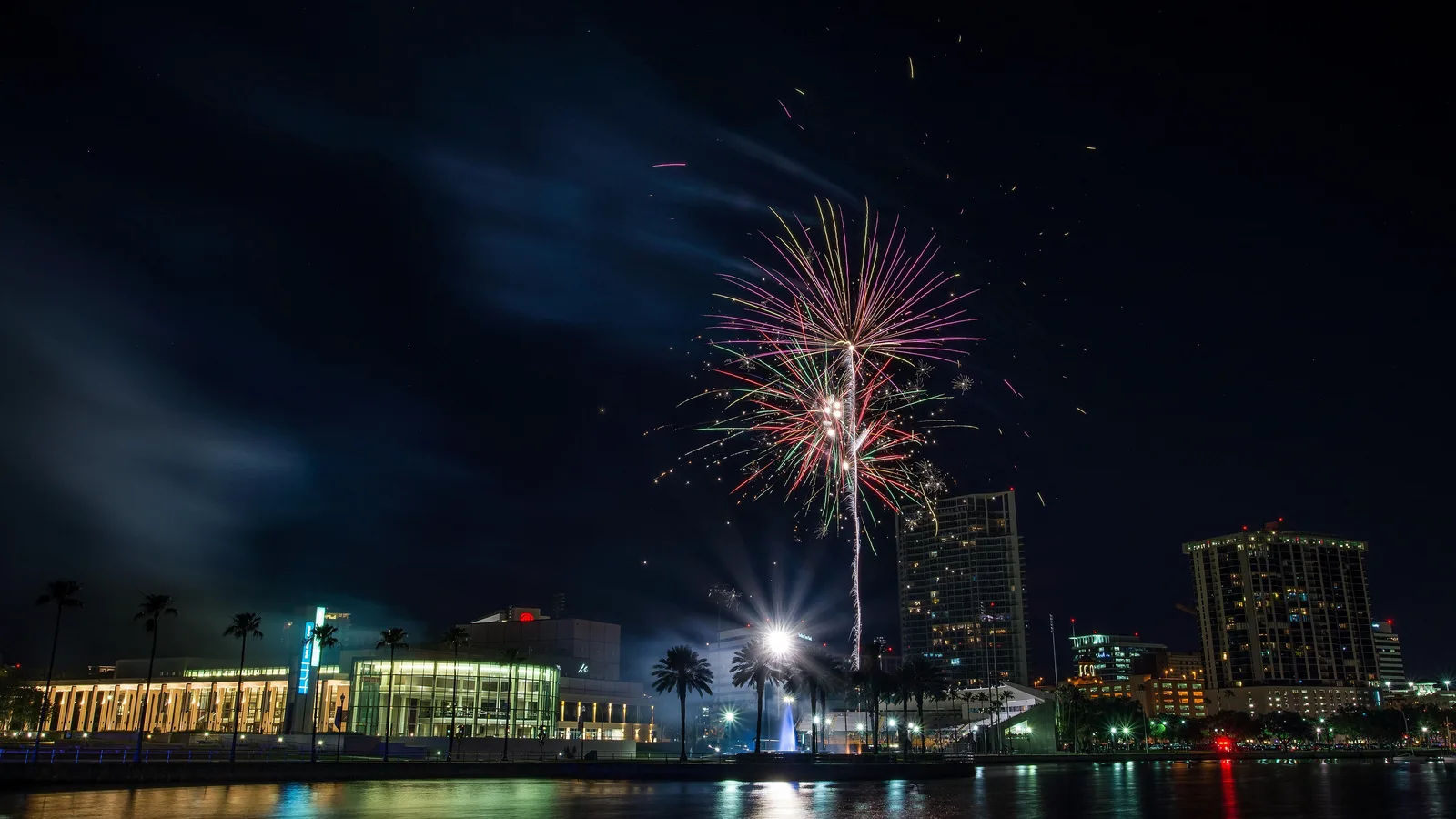 Fireworks over downtown St. Petersburg, across Tampa Bay from Wesley Chapel
