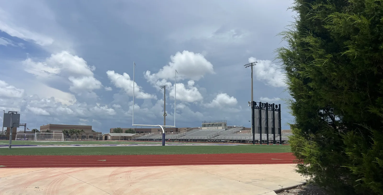 Goalposts and stands at a Florida high school football field, Booker High School in Sarasota