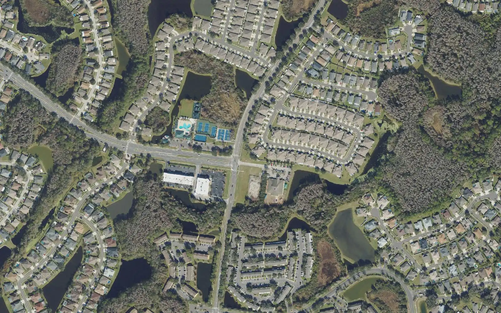 Curving streets of homes, stormwater ponds and a community pool among the woods of Meadow Pointe, seen from above.