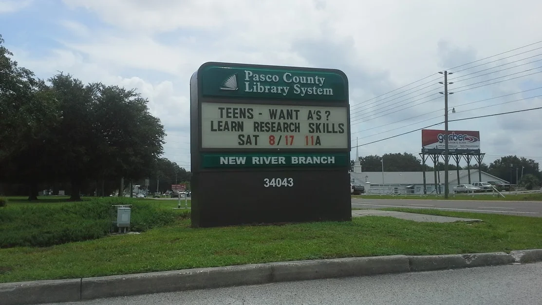 The New River Branch library sign in Wesley Chapel. The library is one of three early voting sites in Wesley Chapel.