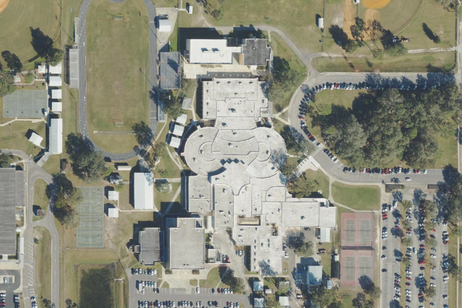 Zephyrhills High School's campus on 12th Street in Zephyrhills, seen from the air.