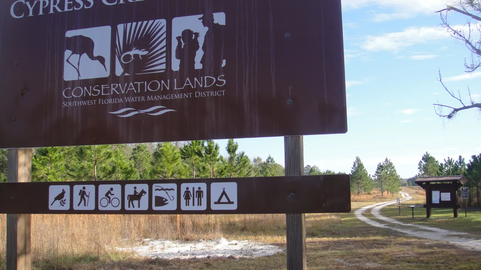 The entrance sign and trail at Cypress Creek Preserve in Land O' Lakes, west of Wesley Chapel